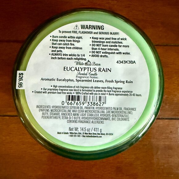 NEW EUCALYTUS RAIN 3-Wick 14.5 oz Candle  Bath & Body Works - Picture 3 of 3